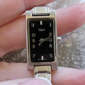 Talexia Black Dial Watch Rectangle Case Silver Stretch Band Quartz Retro Minimal